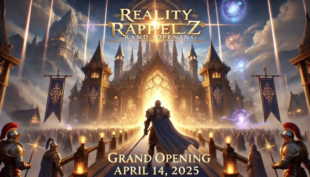 DALL·E 2025-03-13 18.26.31 - A fantasy-themed promotional image for the grand opening of 'Reality Rappelz' on April 14, 2025, in the evening. The scene features a majestic medieva.webp